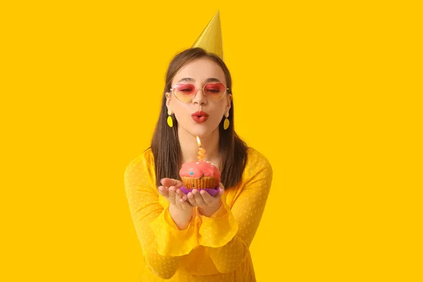 Young Woman Celebrating Birthday Color Background — Stock Photo, Image