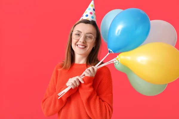 Mooie Vrouw Met Ballonnen Kleur Achtergrond — Stockfoto