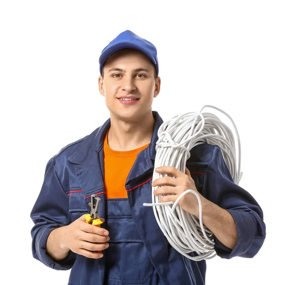 Jeune Électricien Avec Câbles Sur Fond Blanc — Photo