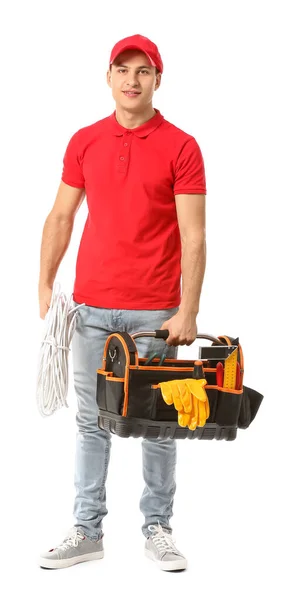 Young Electrician Tools White Background — Stock Photo, Image