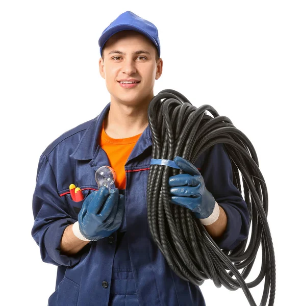 Joven Electricista Con Cables Bombilla Sobre Fondo Blanco — Foto de Stock