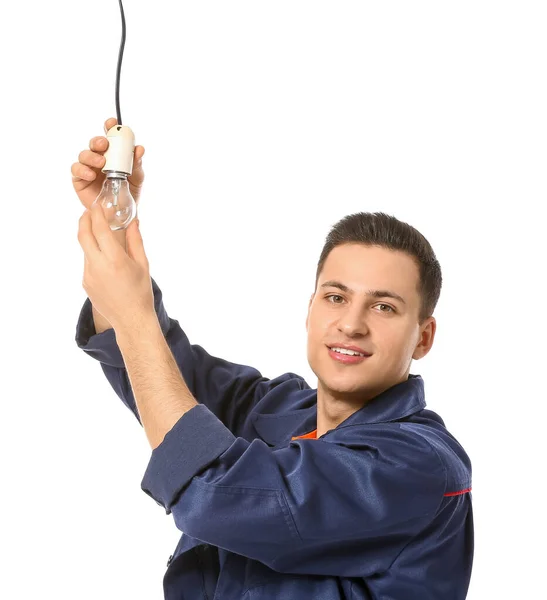 Jovem Eletricista Parafuso Lâmpada Fundo Branco — Fotografia de Stock