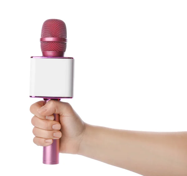 Female Hand Modern Microphone White Background — Stock Photo, Image