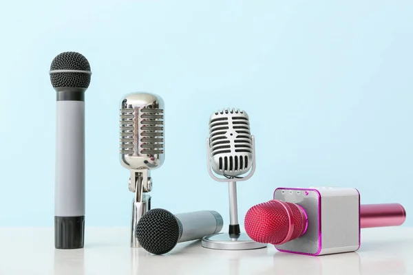 Different Microphones Color Background — Stock Photo, Image