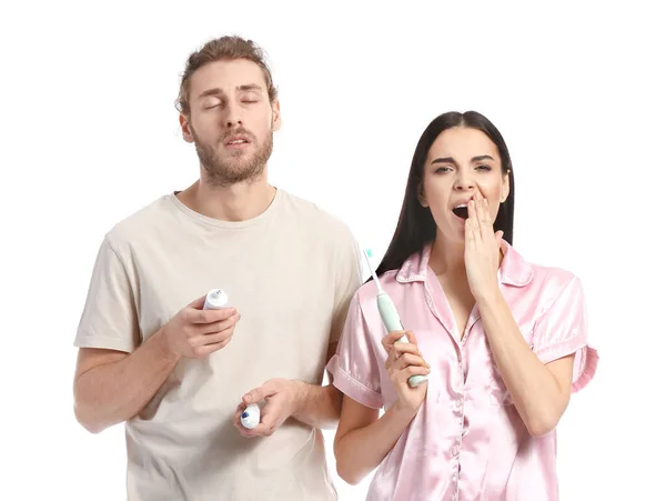 Tired Young Couple Brushing Teeth White Background — Stock Photo, Image