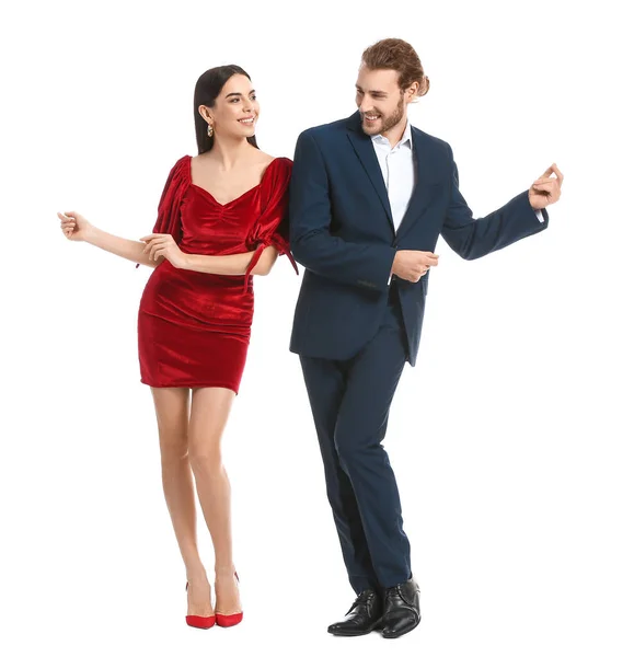 Happy Young Couple Dancing White Background — Stock Photo, Image