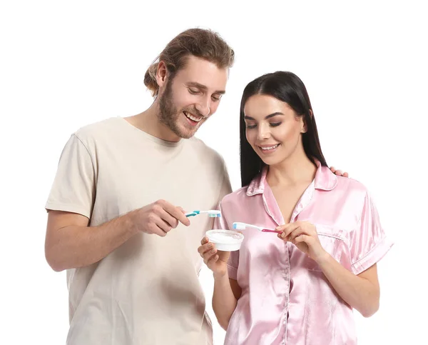 Young Couple Brushing Teeth White Background — Stock Photo, Image