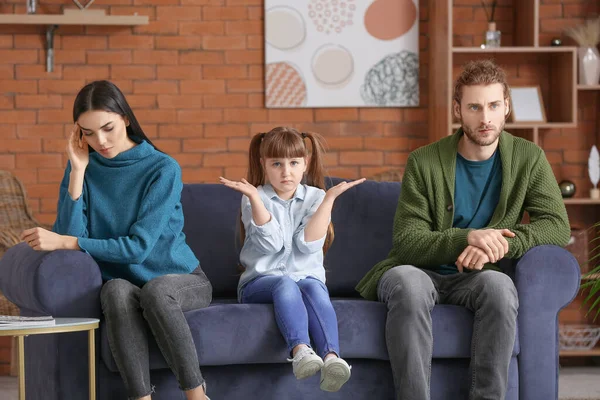 Sad Little Girl Her Parents Quarrel Home — Stock Photo, Image