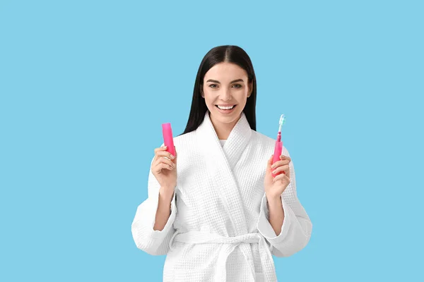 Young Woman Tooth Brush Case Color Background — Stock Photo, Image