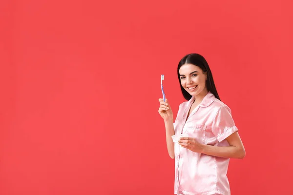 Beautiful Woman Brushing Teeth Color Background — Stock Photo, Image