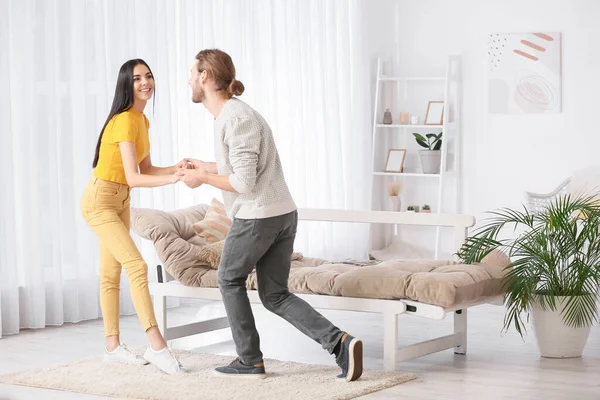 Happy Young Couple Dancing Home — Stock Photo, Image