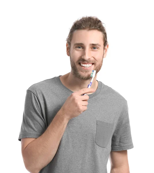 Handsome Man Brushing Teeth White Background — Stock Photo, Image