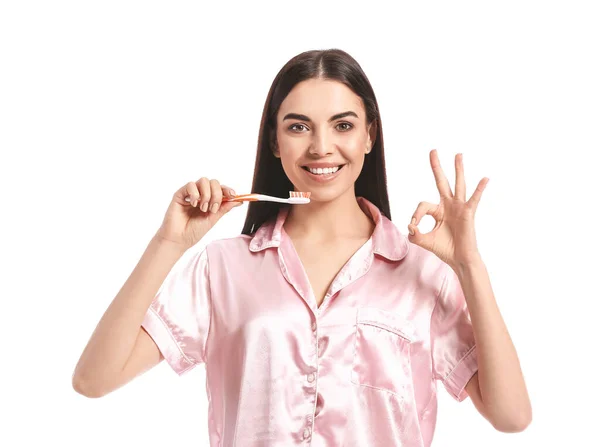 Schöne Frau Beim Zähneputzen Und Zeigt Auf Weißem Hintergrund — Stockfoto