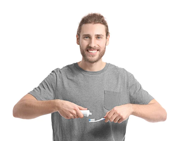 Handsome Man Brushing Teeth White Background — Stock Photo, Image