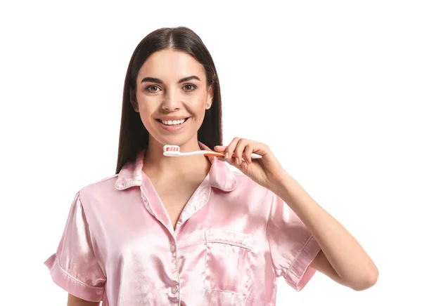 Schöne Frau Beim Zähneputzen Auf Weißem Hintergrund — Stockfoto