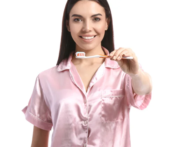 Schöne Frau Mit Zahnbürste Auf Weißem Hintergrund — Stockfoto