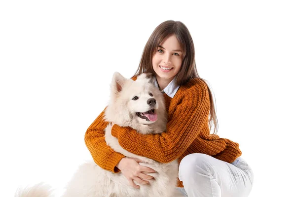 Bella Donna Con Cane Carino Sfondo Bianco — Foto Stock