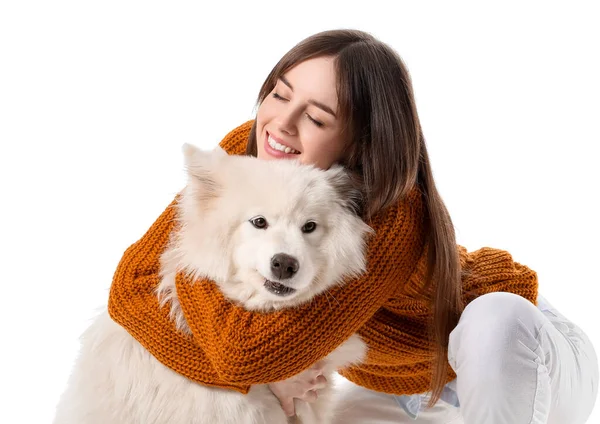 Beautiful Woman Cute Dog White Background — Stock Photo, Image