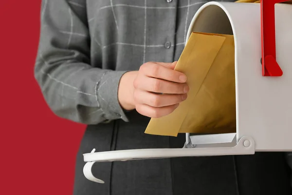 Woman Getting Letter Box Color Background — Stock Photo, Image