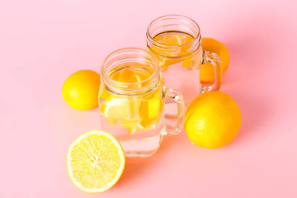 Mason Jars Tasty Cold Lemonade Color Background — Stock Photo, Image