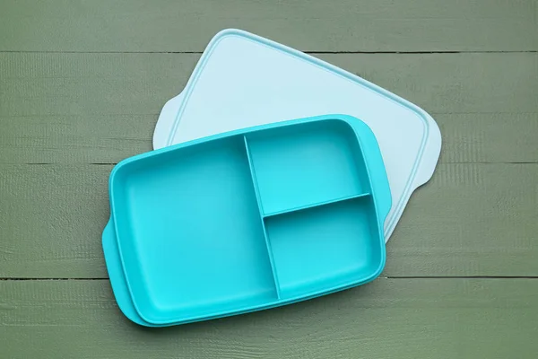 Empty School Lunchbox Color Wooden Background — Stock Photo, Image