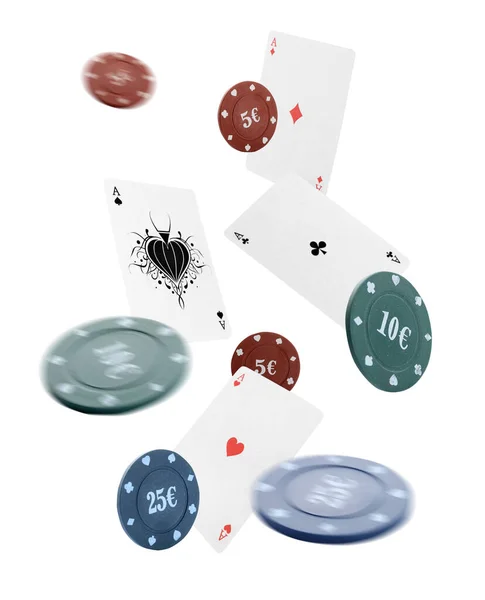 Flying Chips Gambling Games Playing Cards White Background — Stock Photo, Image