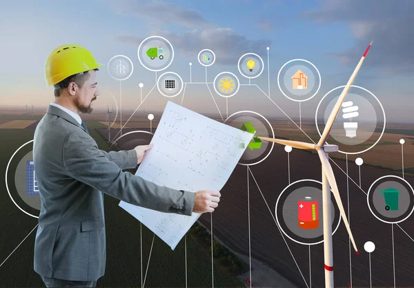 Engineer Drawing Windmill Farm Electric Power Production — Stock Photo, Image