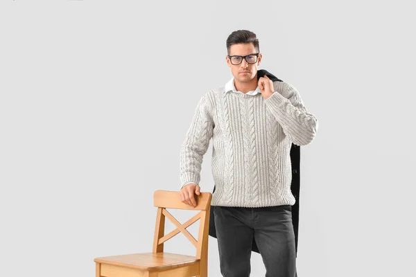 Fashionable Young Man Chair Grey Background — Stock Photo, Image