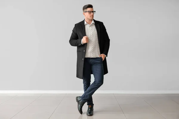 Fashionable Young Man Grey Wall — Stock Photo, Image