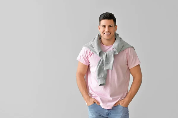 Fashionable Young Man Grey Background — Stock Photo, Image