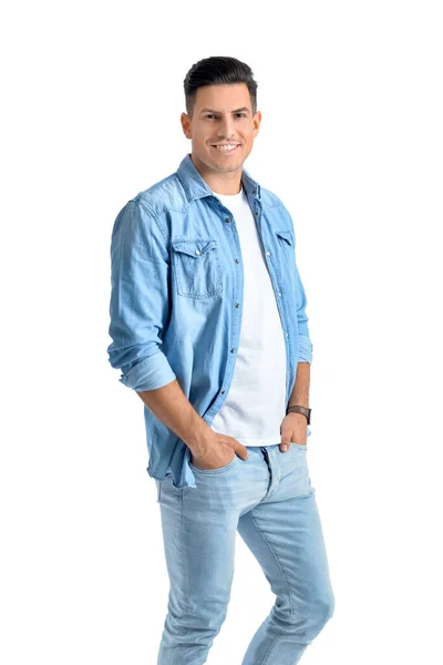 Beyaz Arka Planda Modaya Uygun Genç Bir Adam — Stok fotoğraf