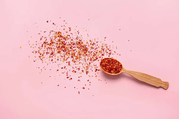 Spoon Ground Chili Pepper Color Background — Stock Photo, Image