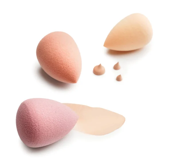 Makeup Sponges Samples Tonal Foundation White Background — Stock Photo, Image