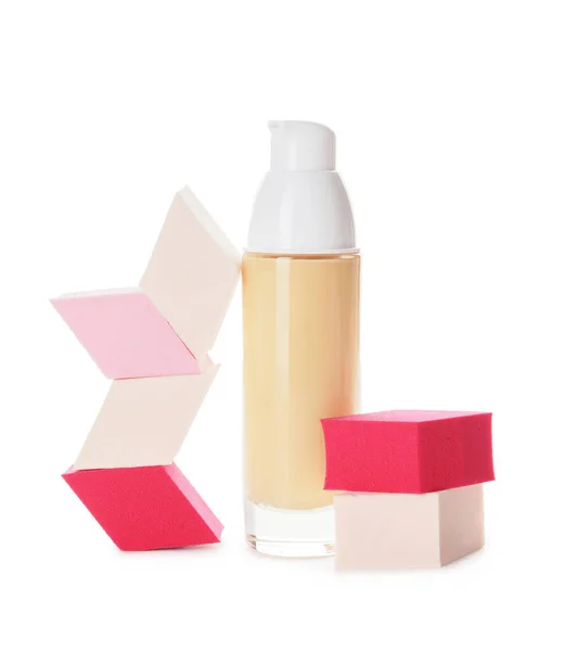 Makeup Sponges Bottle Tonal Foundation White Background — Stock Photo, Image