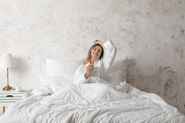 Young Woman Drinking Coffee Bedroom — Stock Photo, Image