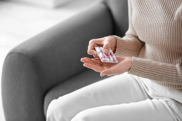 Beautiful Young Woman Taking Pills Home Closeup — Stock Photo, Image