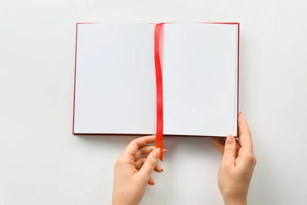 Female Hands Blank Book Bookmark White Background — Stock Photo, Image