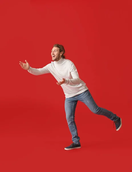 Young Man Opening Arms Hug Color Background — Stock Photo, Image