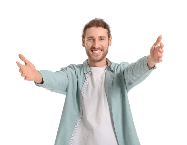 Young Man Opening Arms Hug White Background — Stock Photo, Image