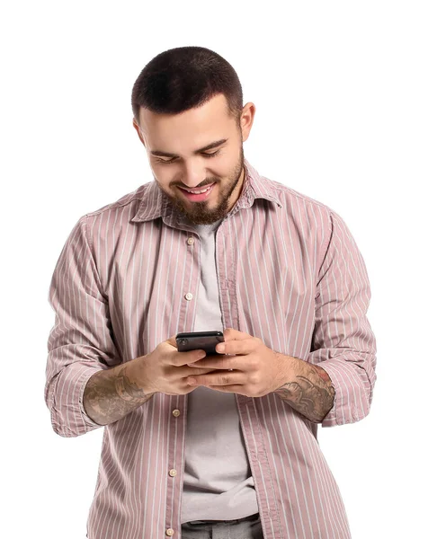 Handsome Young Man Using Mobile Phone White Background — Stock Photo, Image