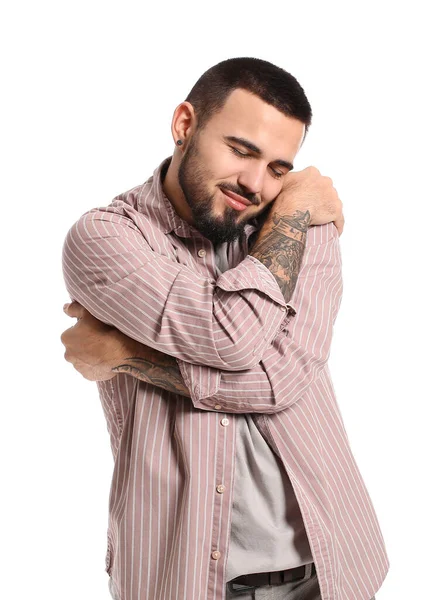 Young Man Hugging Himself White Background — Stock Photo, Image