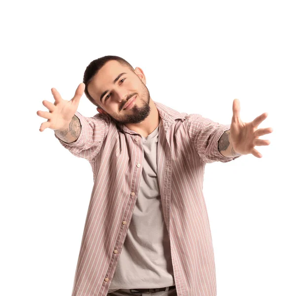 Young Man Opening Arms Hug White Background — Stock Photo, Image