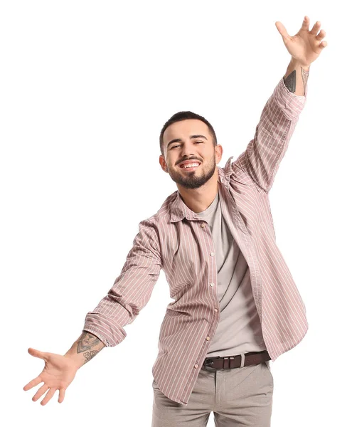 Young Man Opening Arms Hug White Background — Stock Photo, Image