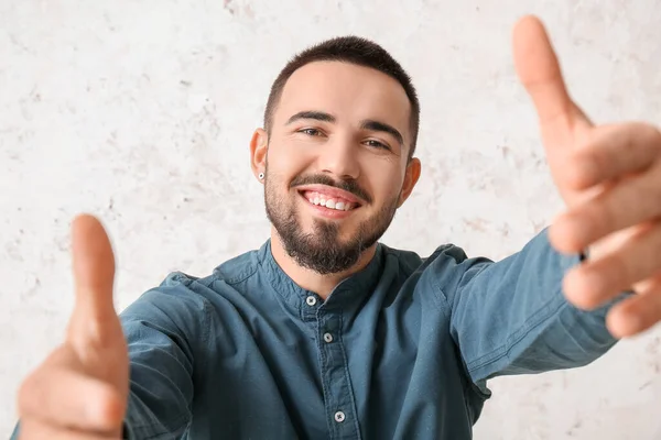 Young Man Opening Arms Hug Light Background — Stock Photo, Image