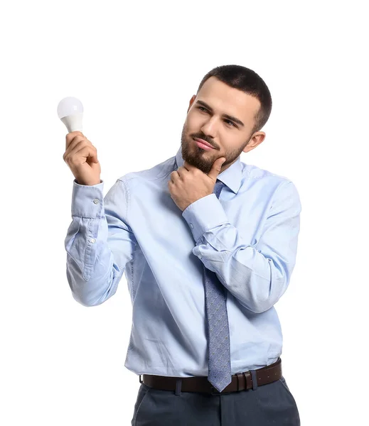 Thinking Businessman Light Bulb White Background — Stock Photo, Image