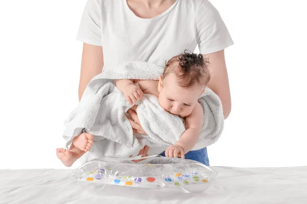 Woman Cute Baby Inflatable Ring White Background — Stock Photo, Image