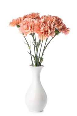 Beyaz arka planda karanfil çiçekli vazo