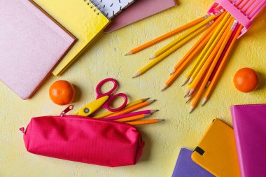 Renk arkaplanında kırtasiye malzemesi olan kalem kutusu