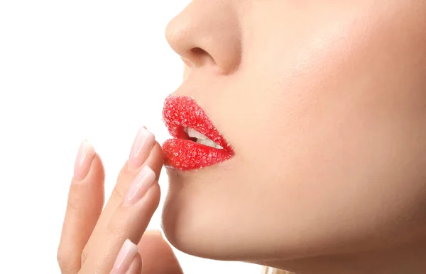 Beautiful Young Woman Sugar Lips Closeup — Stock Photo, Image