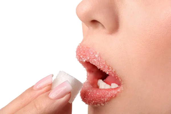 Mulher Bonita Com Lábios Açúcar Close — Fotografia de Stock